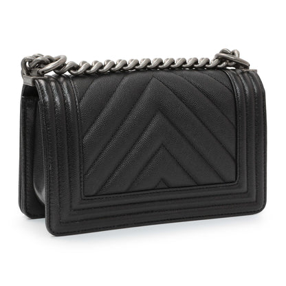 Exclusive Chanel Black Chevron Quilted Caviar Small Boy Flap — Back View