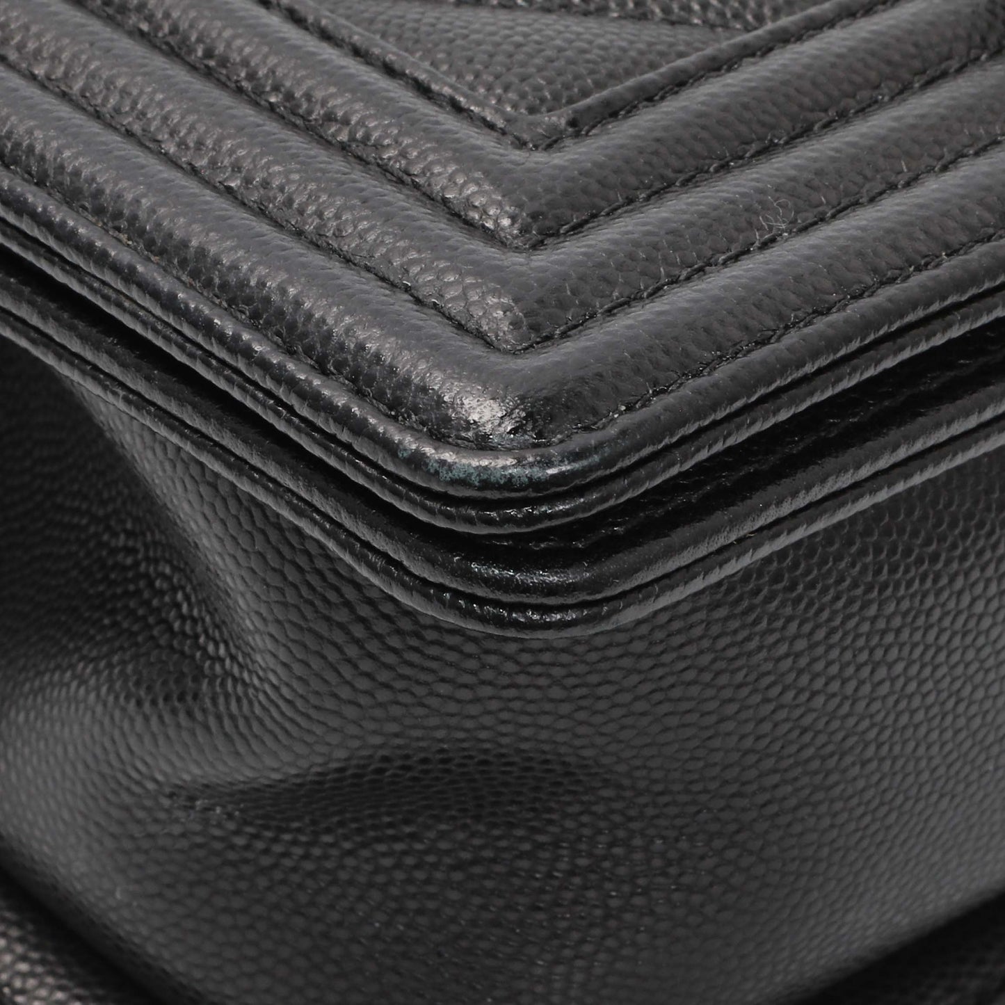 Exclusive Chanel Black Chevron Quilted Caviar Small Boy Flap — Detail View