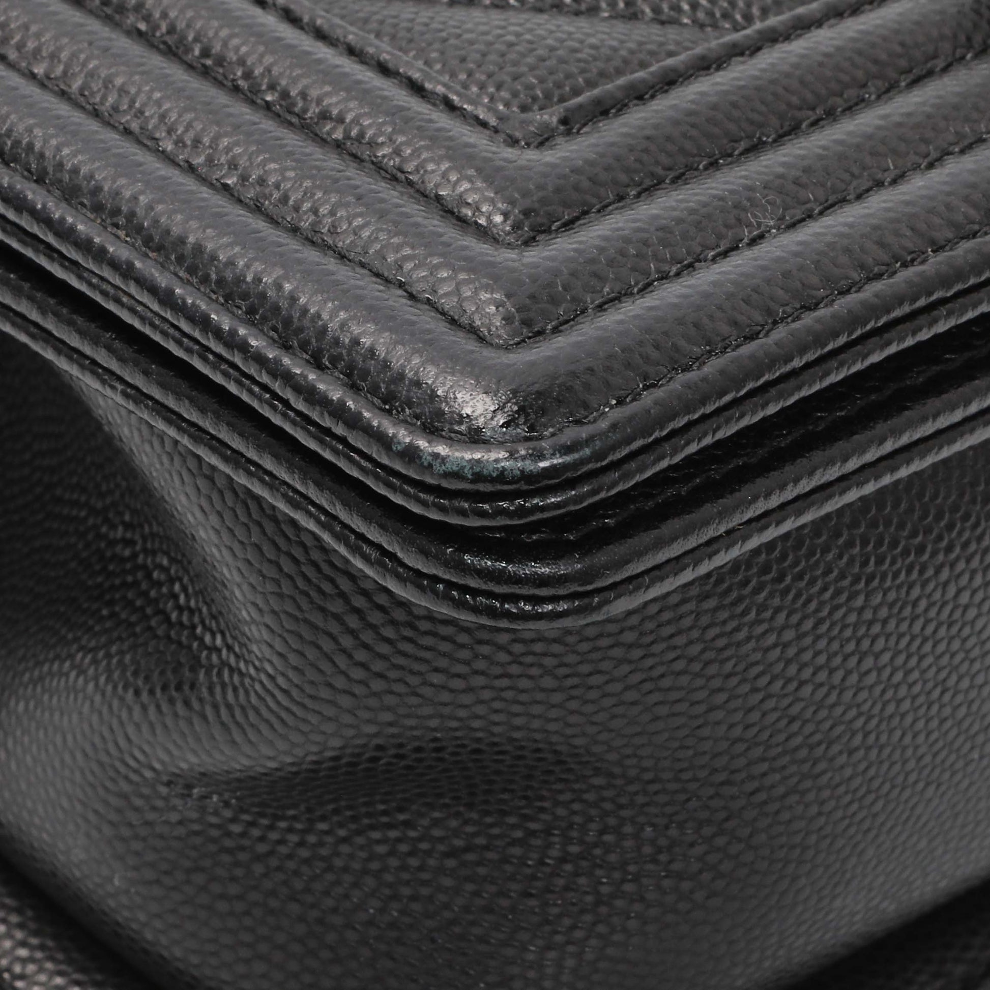 Exclusive Chanel Black Chevron Quilted Caviar Small Boy Flap — Detail View