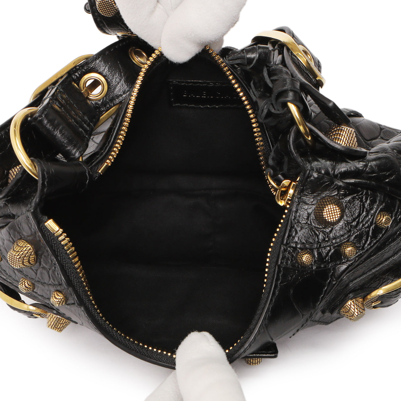 Exclusive Balenciaga Black Crocodile Embossed Le Cagole Shoulder Bag XS — Detail View