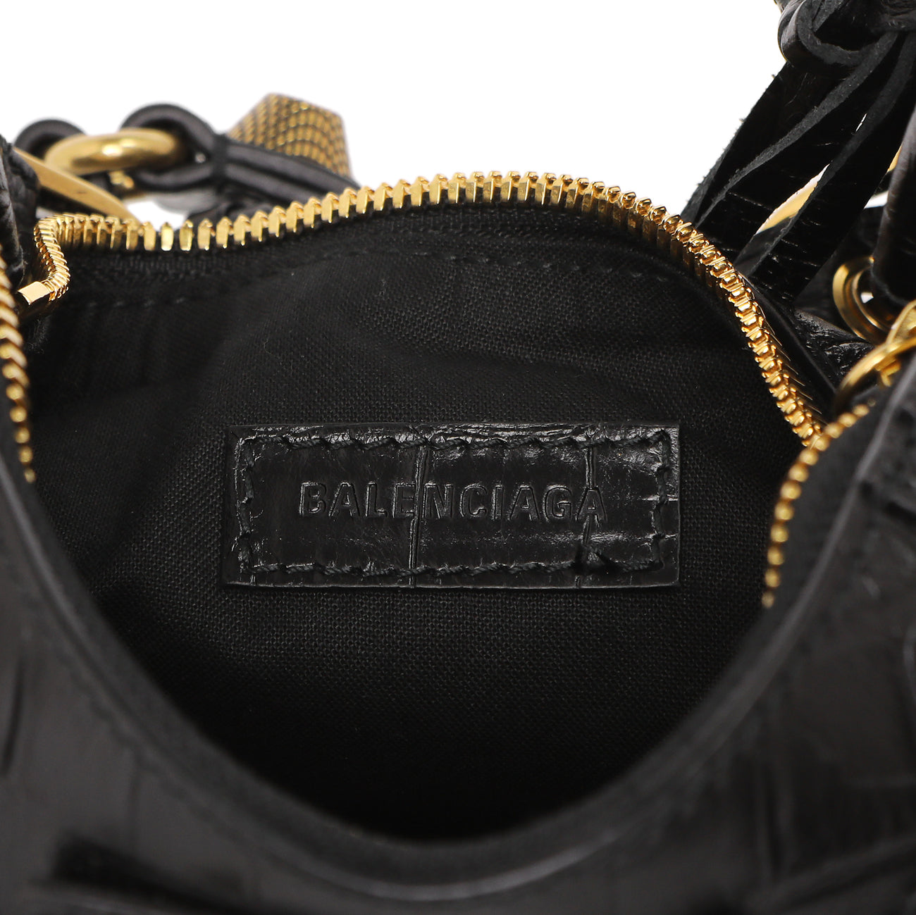 Exclusive Balenciaga Black Crocodile Embossed Le Cagole Shoulder Bag XS — Lifestyle View