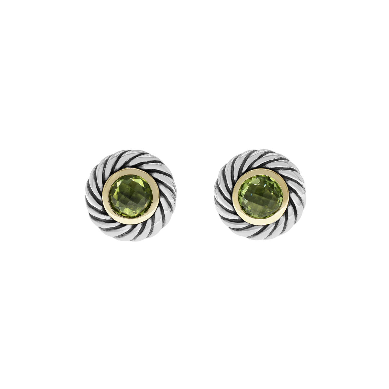 Exclusive David Yurman Sterling Silver 18K Yellow Gold Peridot Cookie Cable Earrings — Front View