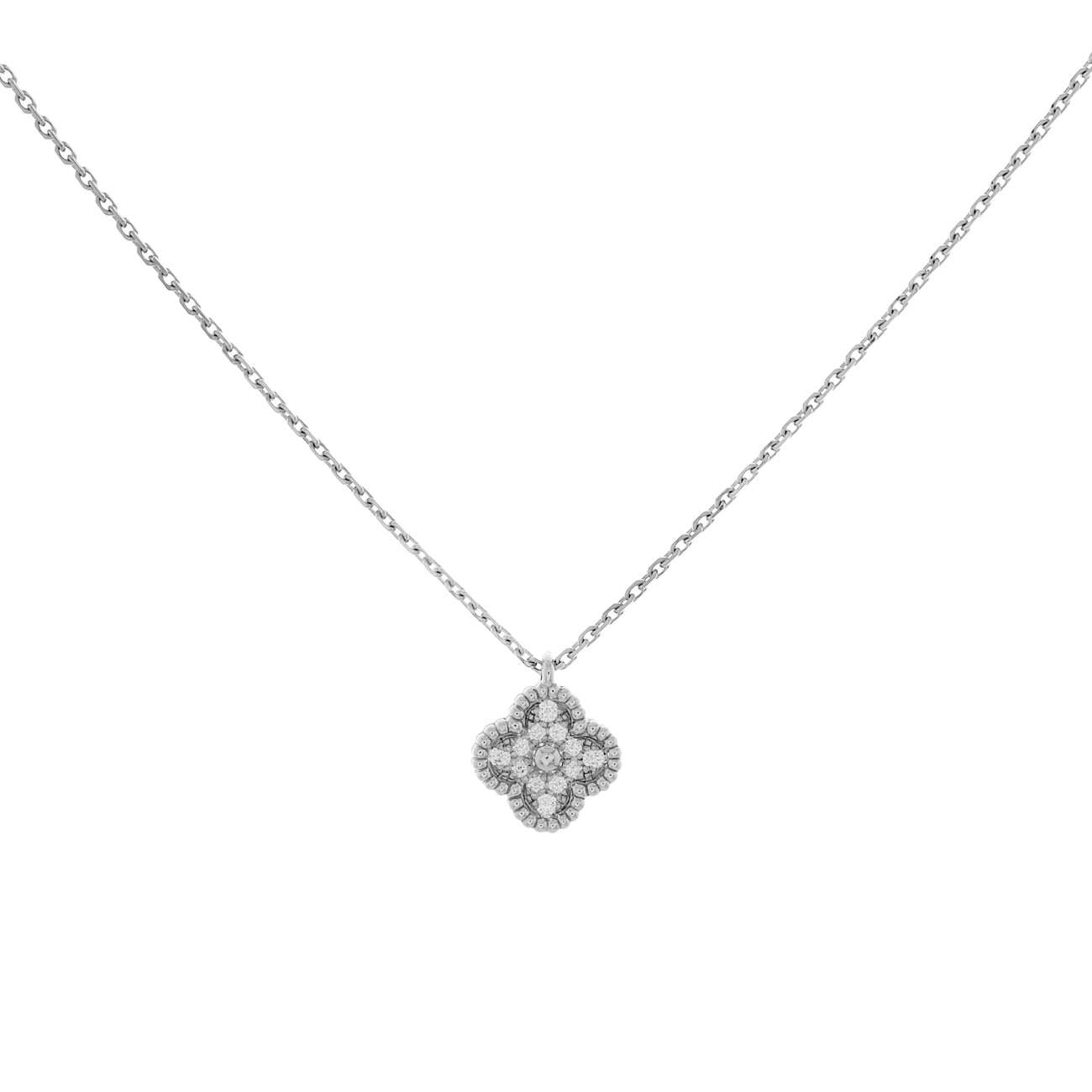Exclusive Van Cleef & Arpels 18K White Gold Diamond Sweet Alhambra Pendant Necklace — Front View