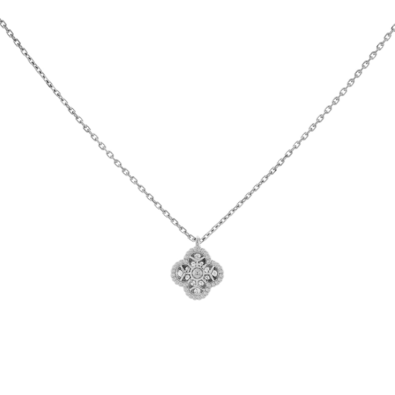 Exclusive Van Cleef & Arpels 18K White Gold Diamond Sweet Alhambra Pendant Necklace — Side View