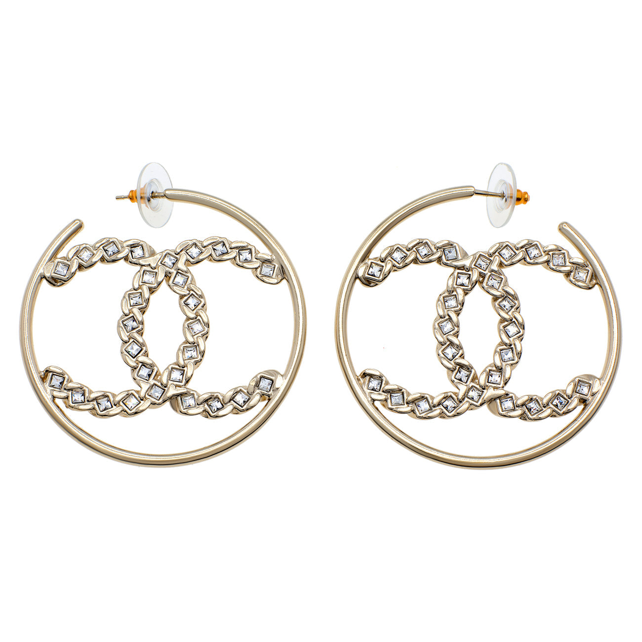 Exclusive Chanel CC Crystal Hoop Earrings — Front View