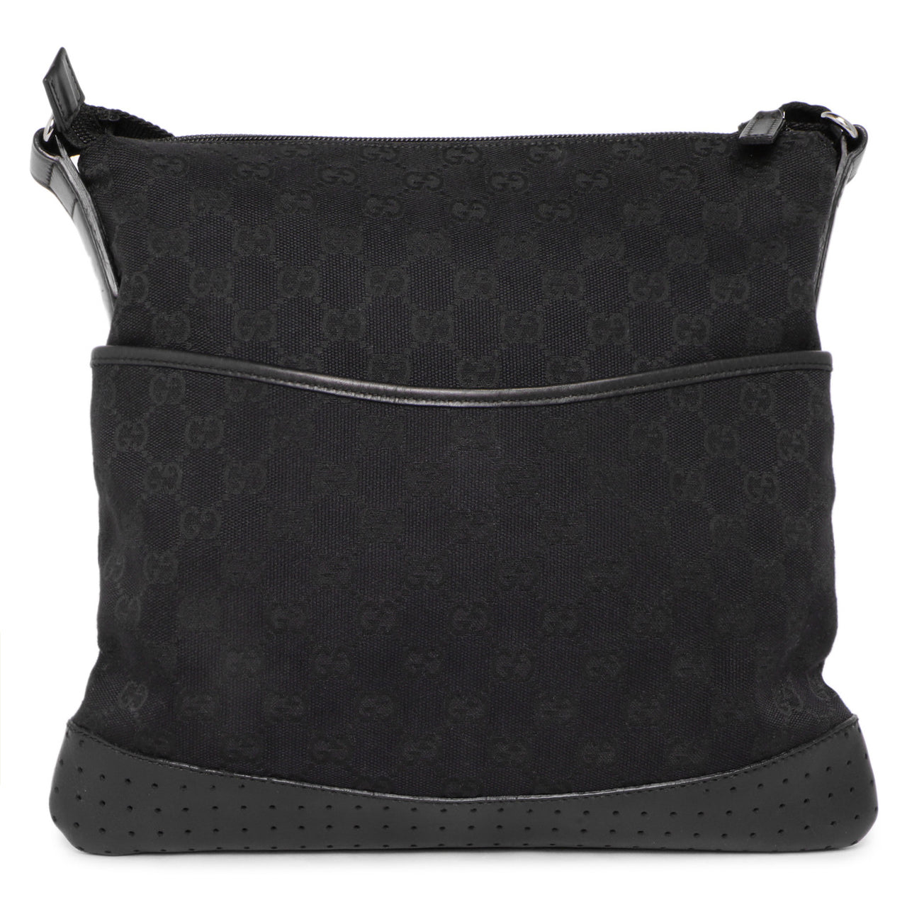 Exclusive Gucci Black Monogram Perforated Flat Messenger — Side View