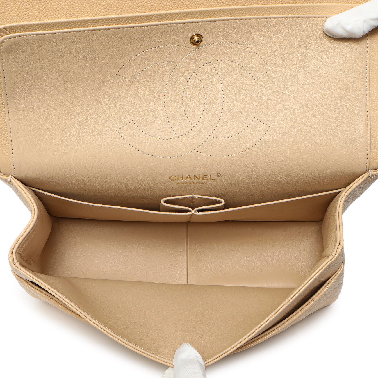 Exclusive Chanel Beige Quilted Caviar Jumbo Classic Double Flap — Detail View