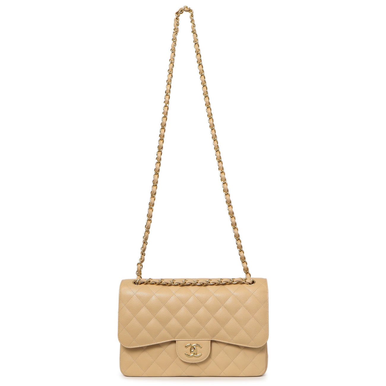 Exclusive Chanel Beige Quilted Caviar Jumbo Classic Double Flap — Front View