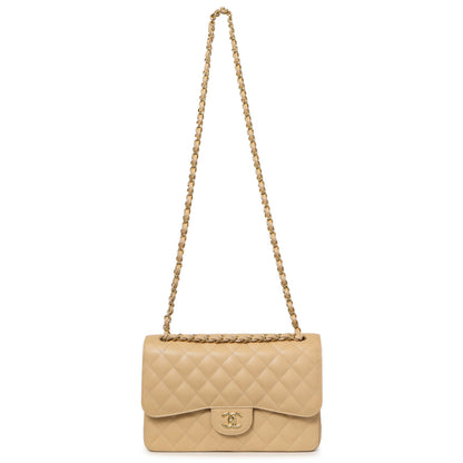 Exclusive Chanel Beige Quilted Caviar Jumbo Classic Double Flap — Front View