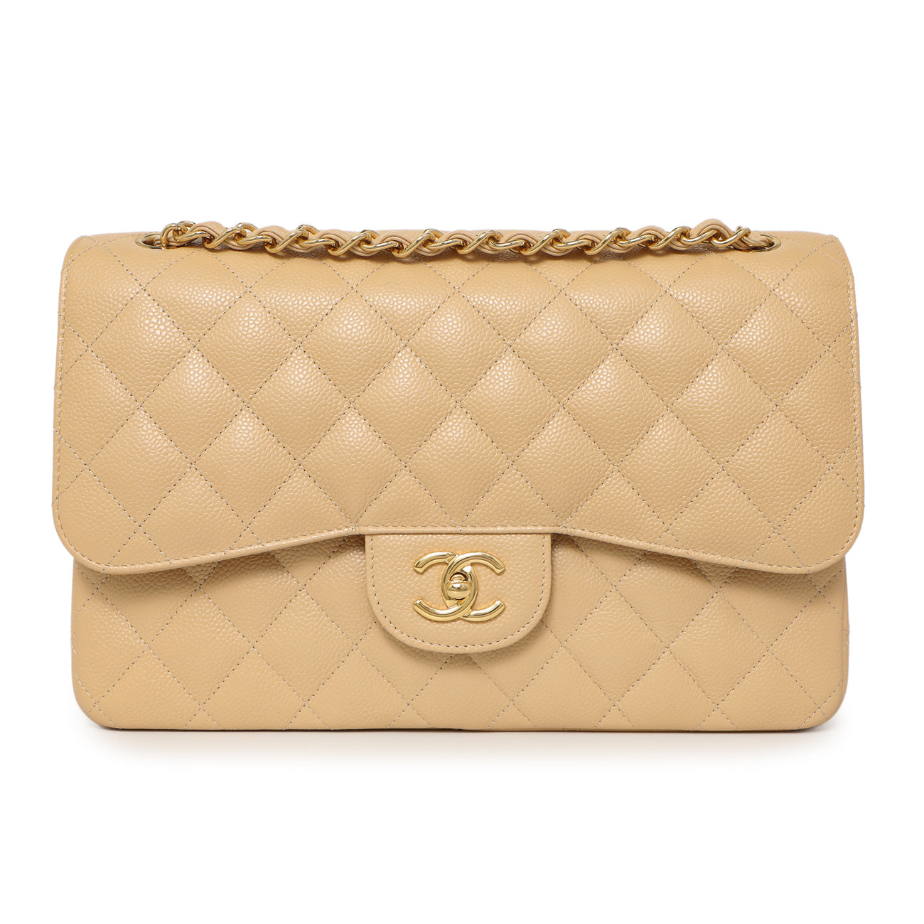 Exclusive Chanel Beige Quilted Caviar Jumbo Classic Double Flap — Side View