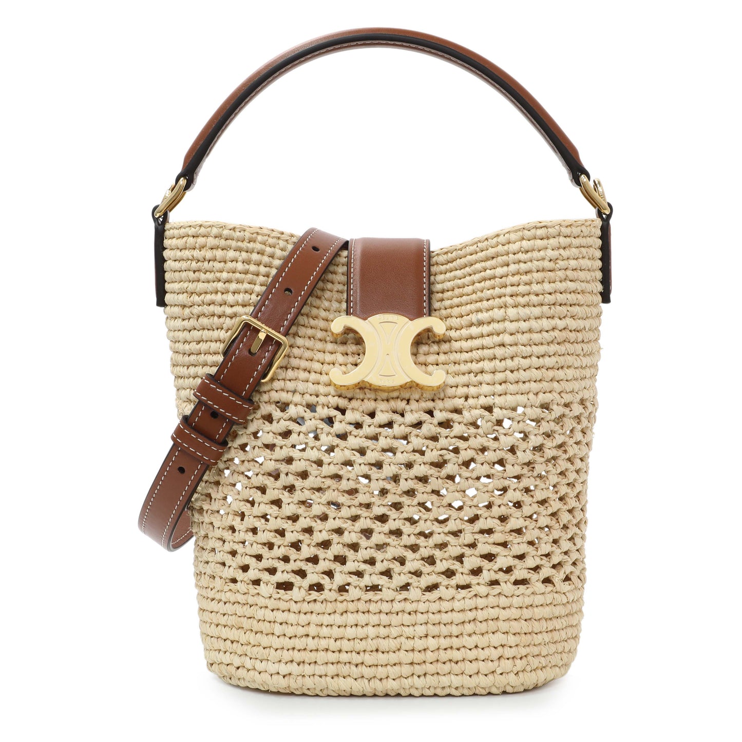 Exclusive Celine Raffia Triomphe Small Louise Bucket Bag — Front View