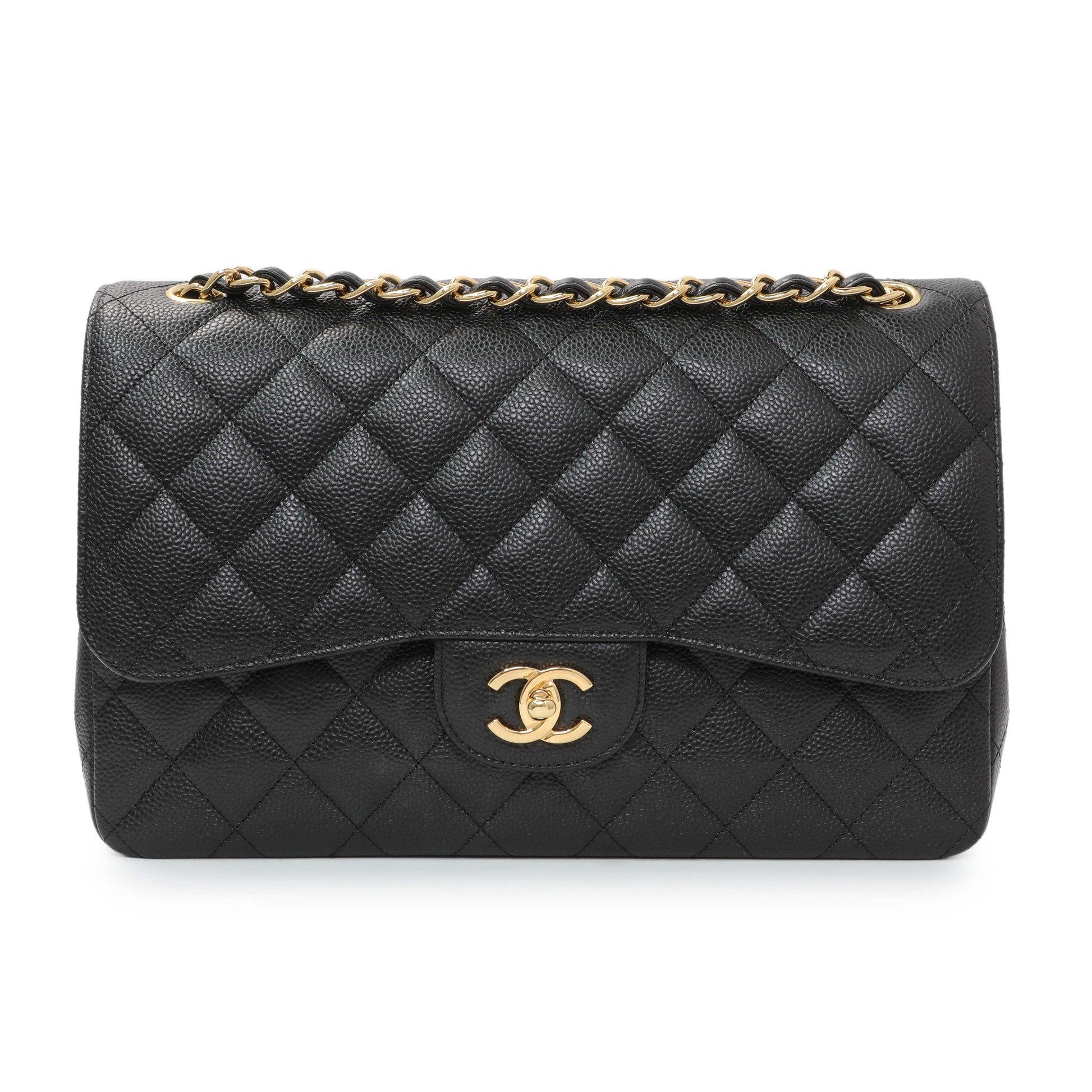 Exclusive Chanel Black Quilted Caviar Jumbo Double Flap — Front View