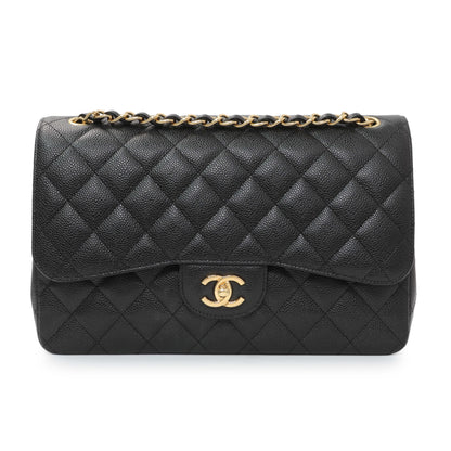 Exclusive Chanel Black Quilted Caviar Jumbo Double Flap — Front View