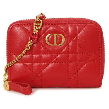 Exclusive Christian Dior Raspberry Lambskin Cannage Mini Caro Zipped Pouch With Chain — Front View