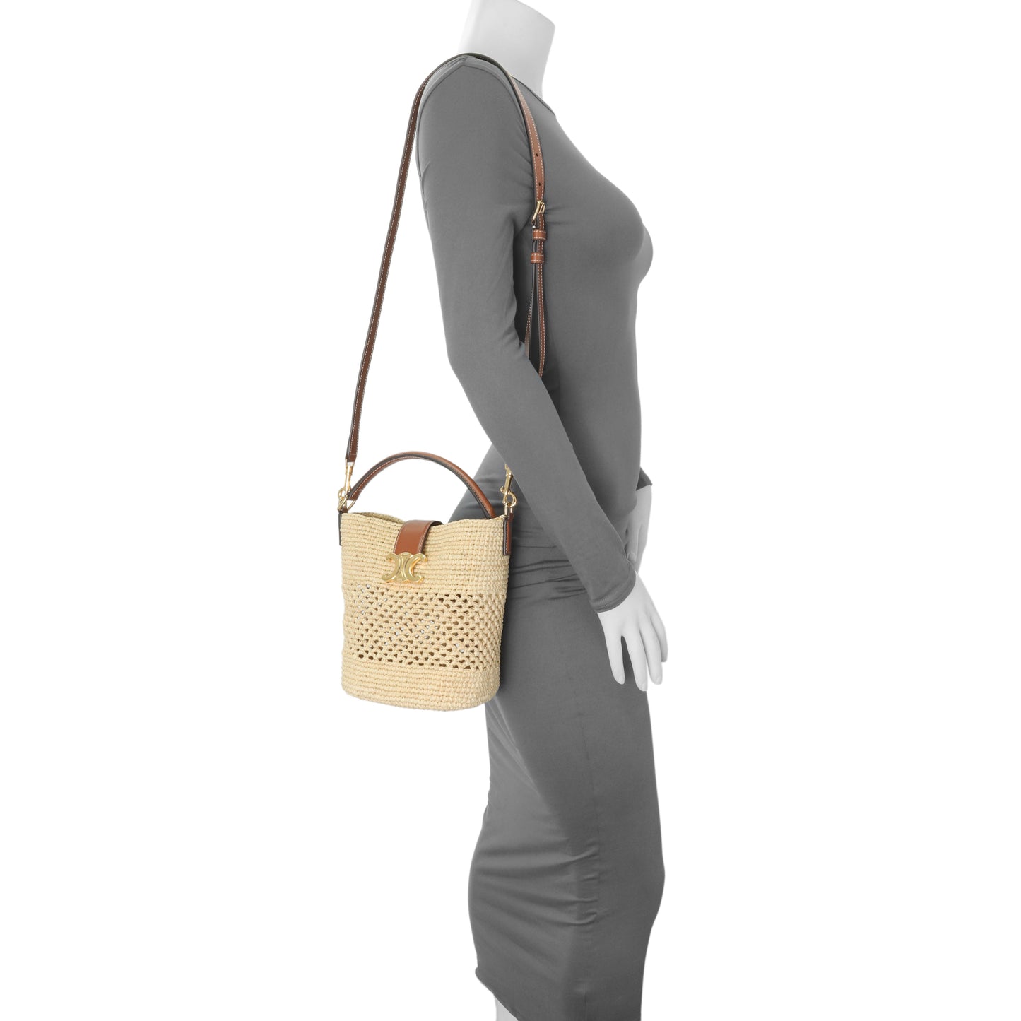 Exclusive Celine Raffia Triomphe Small Louise Bucket Bag — Lifestyle View
