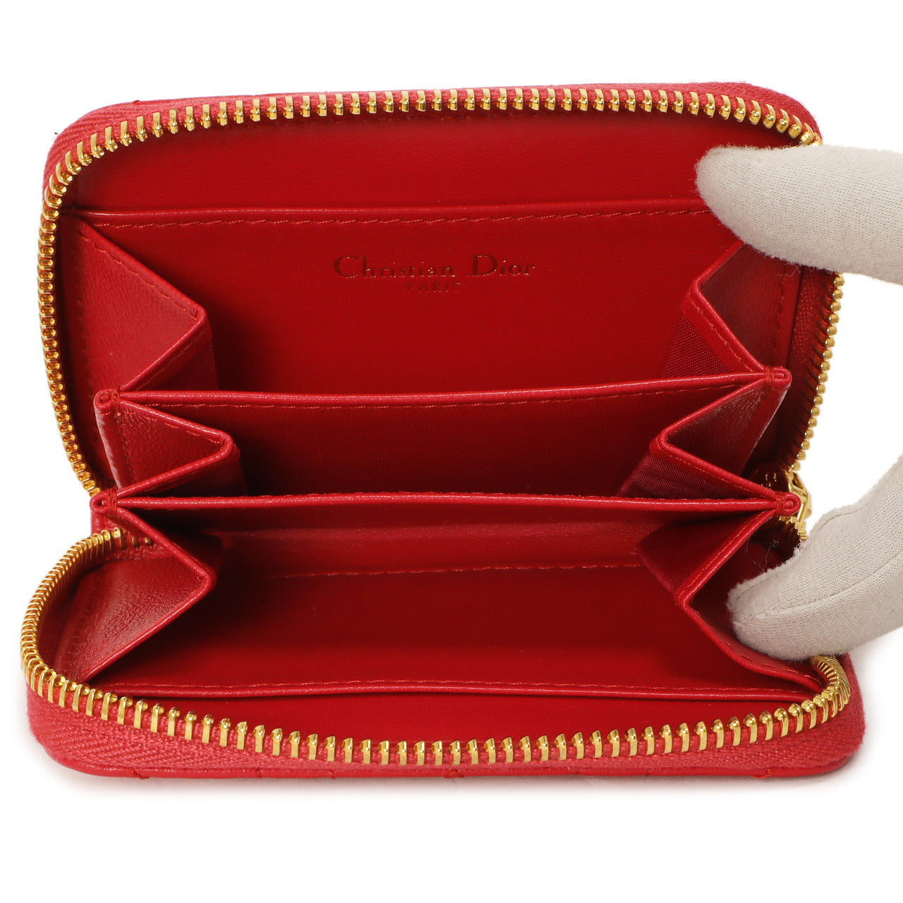 Exclusive Christian Dior Raspberry Lambskin Cannage Mini Caro Zipped Pouch With Chain — Top View