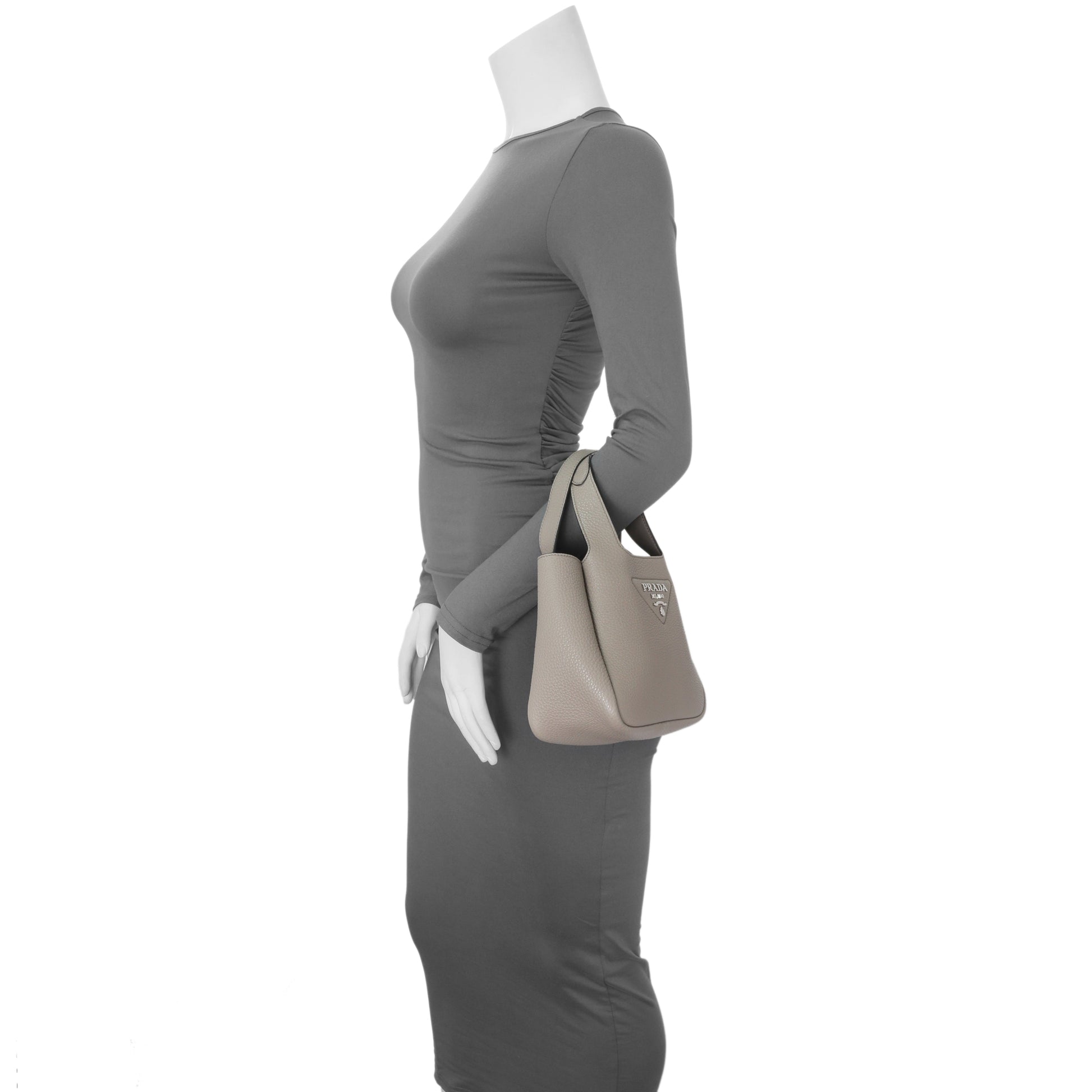 Exclusive Prada Grey Vitello Daino Soft Mini Dynamique Tote — Lifestyle View