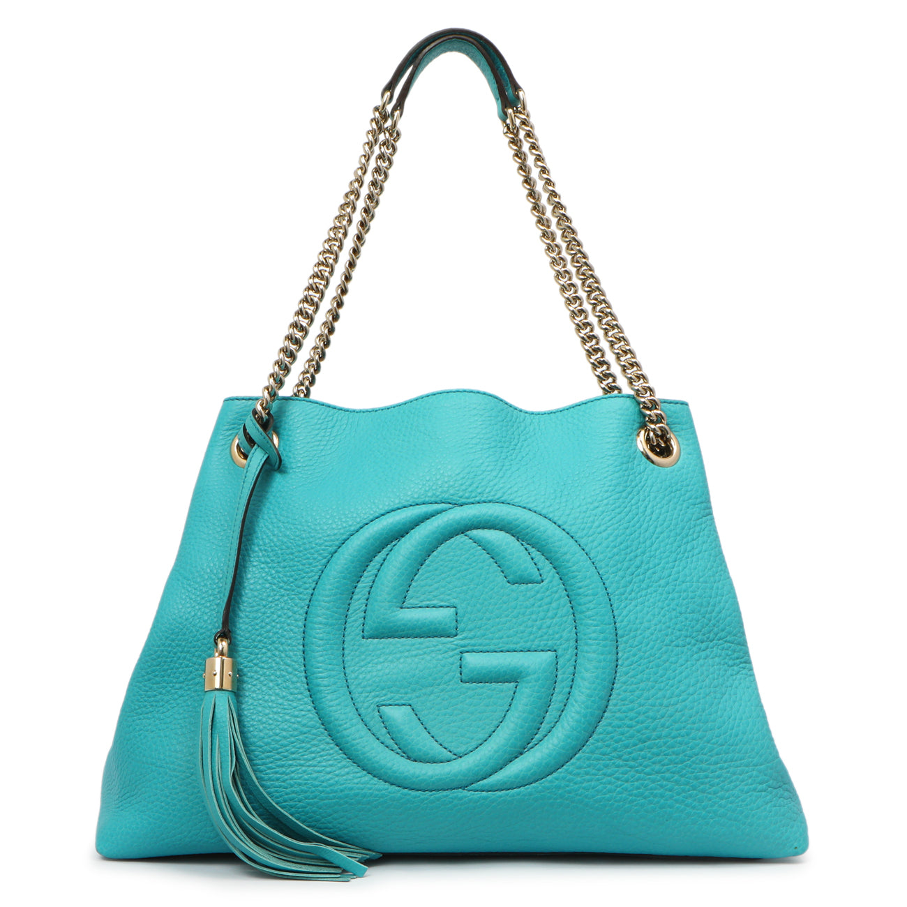 Exclusive Gucci Teal Pebbled Calfskin Medium Soho Chain Shoulder Bag — Front View