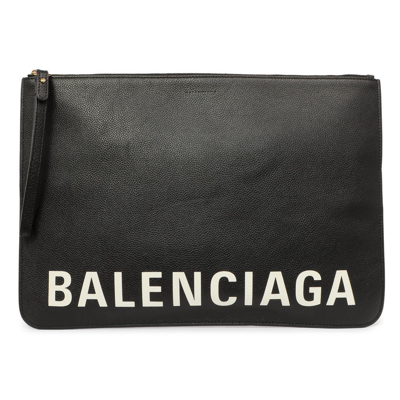 Exclusive Balenciaga Black Calfskin Logo Large Zip Pouch — Front View