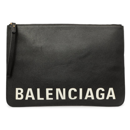 Exclusive Balenciaga Black Calfskin Logo Large Zip Pouch — Front View