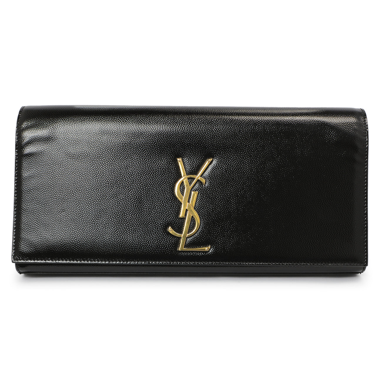 Exclusive Saint Laurent Black Patent Grain De Poudre Monogram Cassandre Clutch — Front View