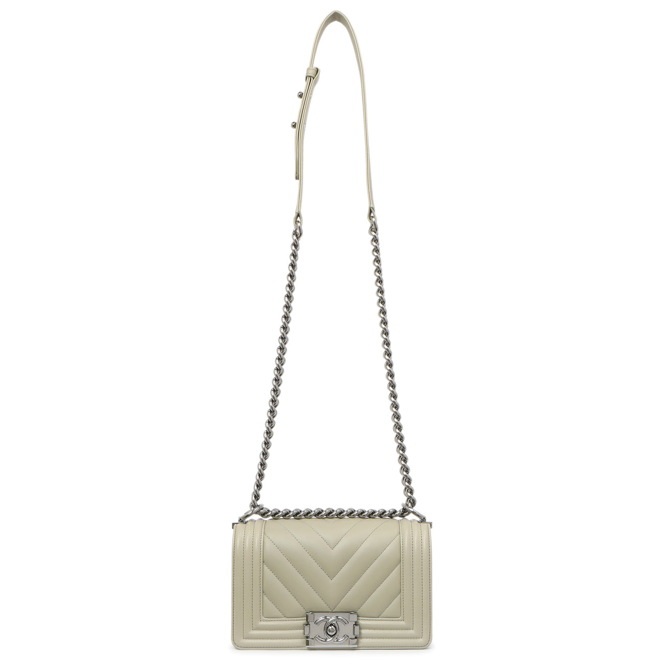 Exclusive Chanel Grey Chevron Calfskin Small Boy Bag — Front View