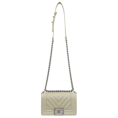 Exclusive Chanel Grey Chevron Calfskin Small Boy Bag — Front View