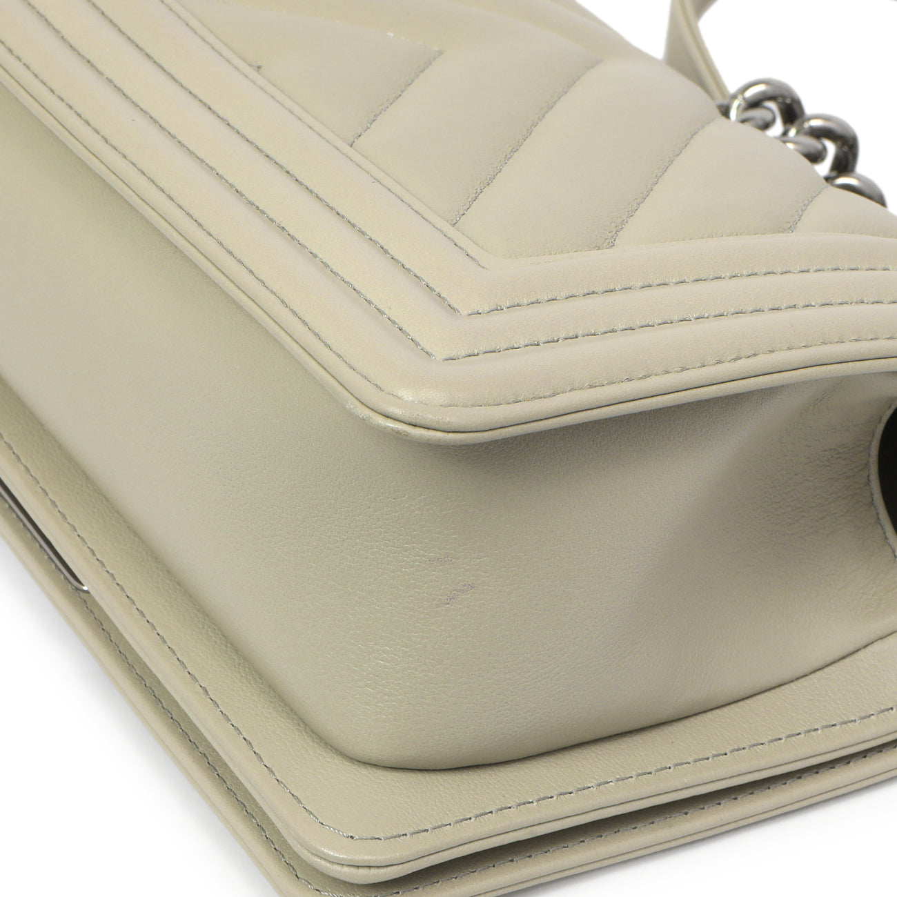 Exclusive Chanel Grey Chevron Calfskin Small Boy Bag — Lifestyle View