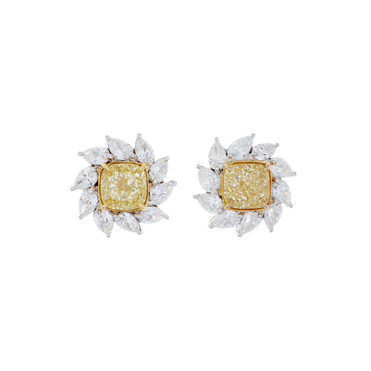 Exclusive 18k White Gold 3.70 Carat Fancy Yellow Diamond Earrings — Front View