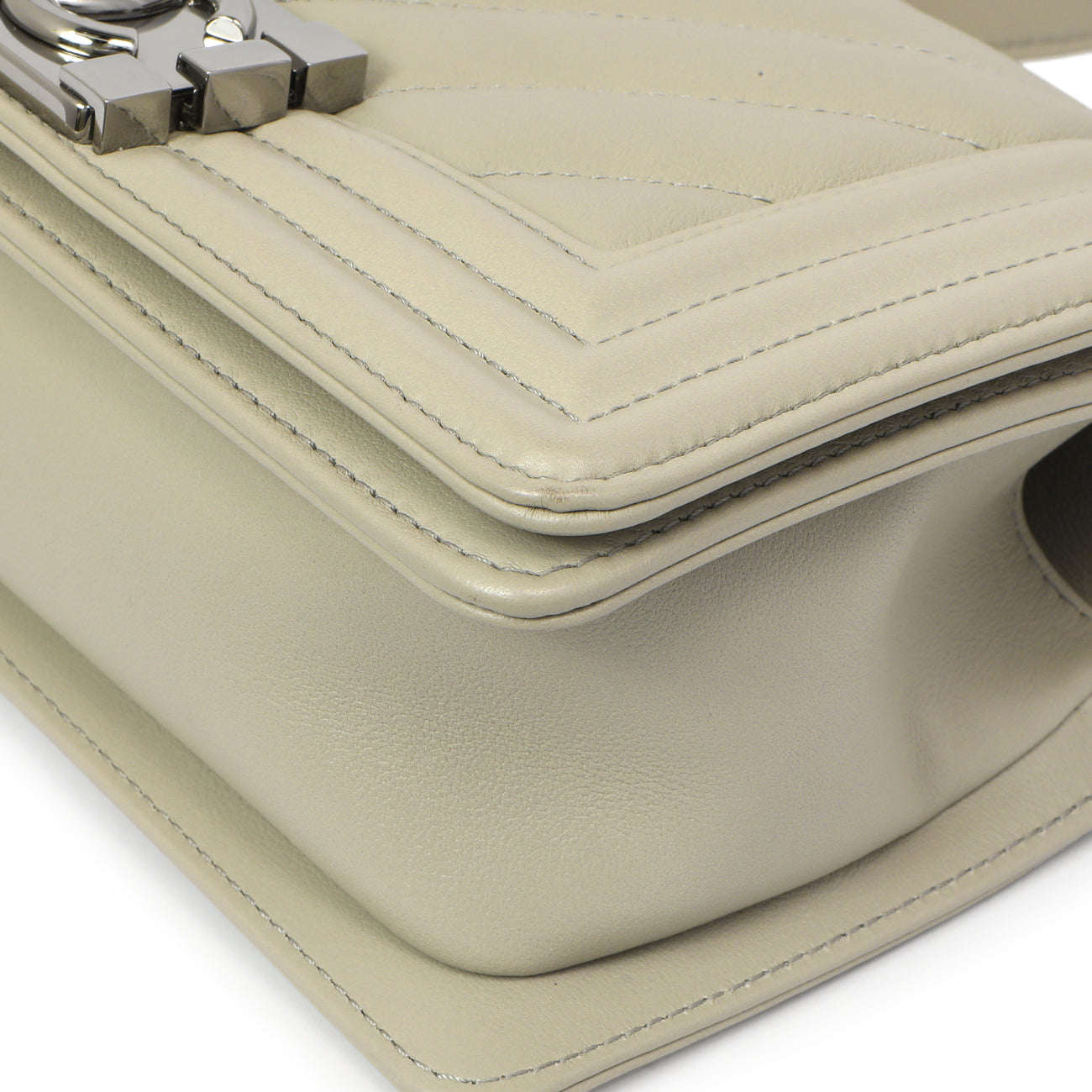 Exclusive Chanel Grey Chevron Calfskin Small Boy Bag — Detail View