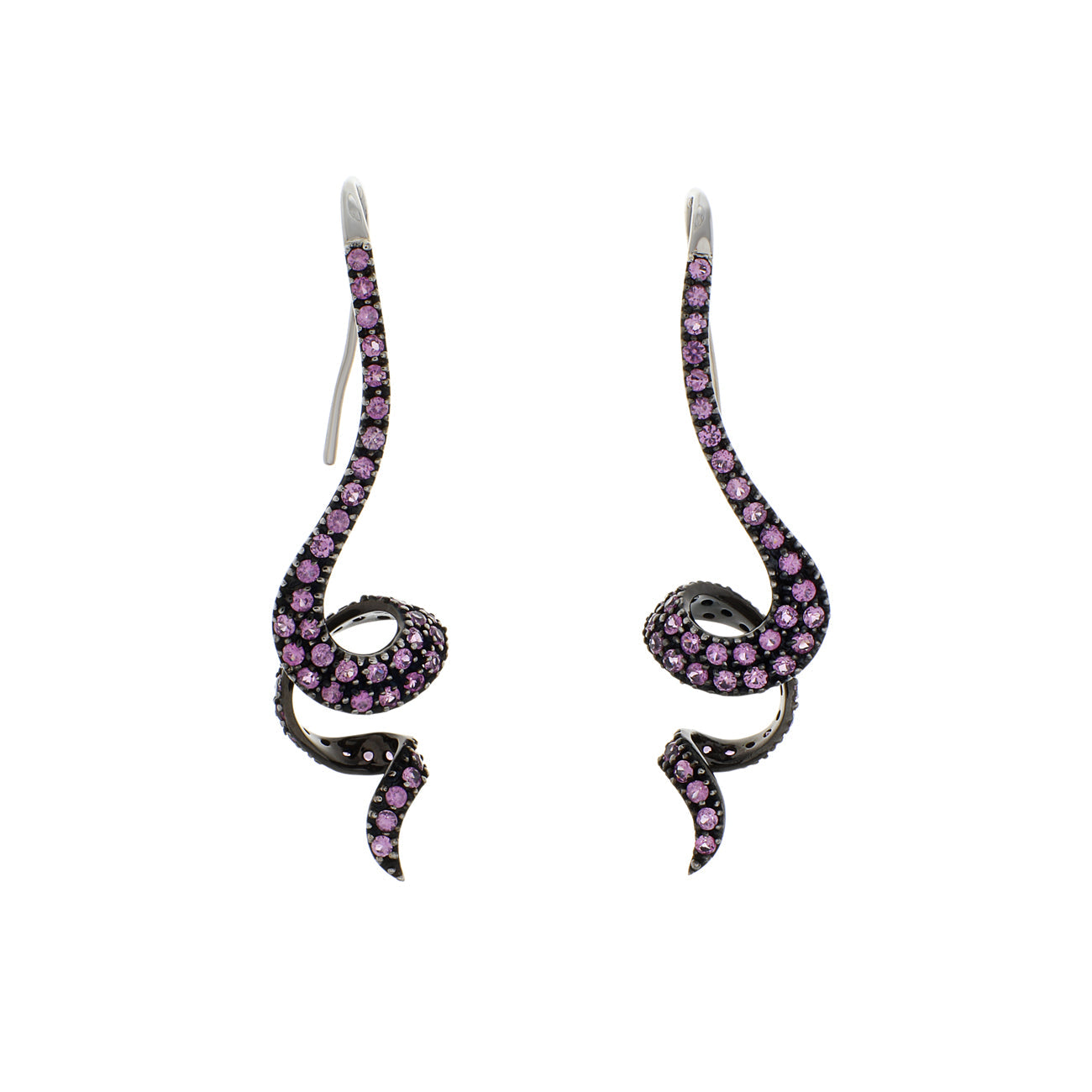 Exclusive 14K Black Gold 3.12 Carat Pink Sapphire Coiled Serpentine Earrings — Front View