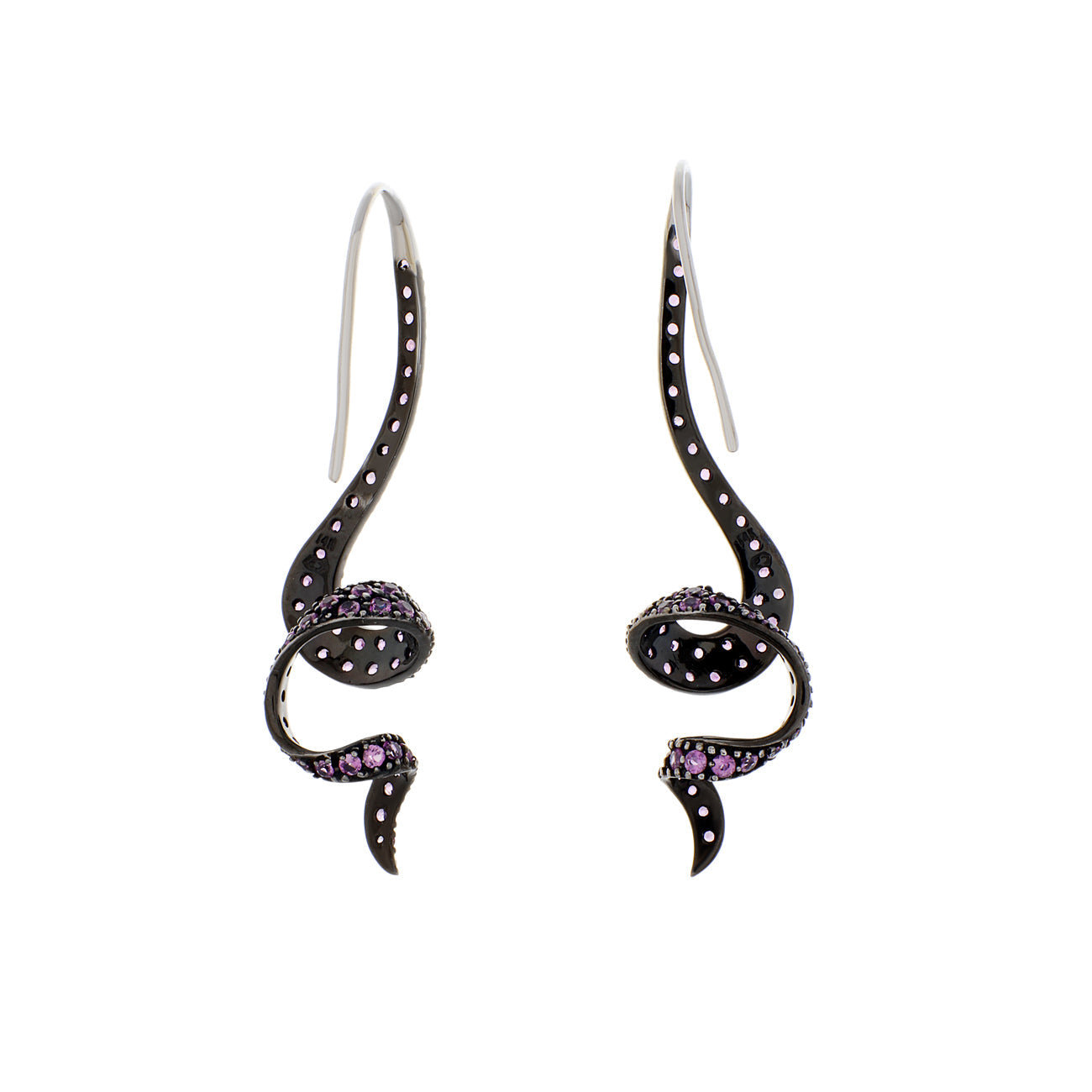 Exclusive 14K Black Gold 3.12 Carat Pink Sapphire Coiled Serpentine Earrings — Side View