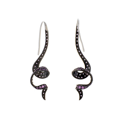 Exclusive 14K Black Gold 3.12 Carat Pink Sapphire Coiled Serpentine Earrings — Side View