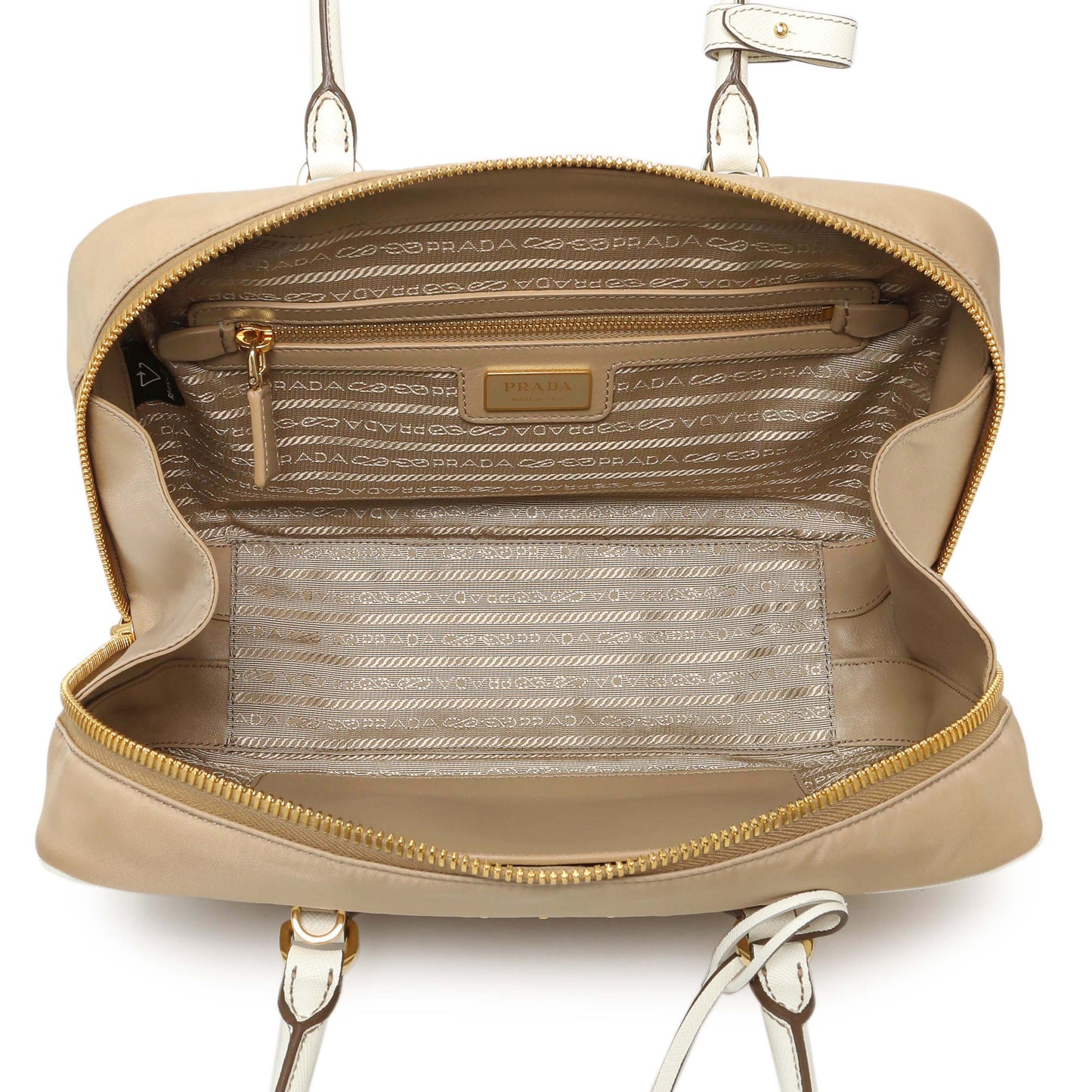 Exclusive Prada Camel White Re-Nylon Saffiano Medium Re-Edition 1978 Two Handle Bag — Top View