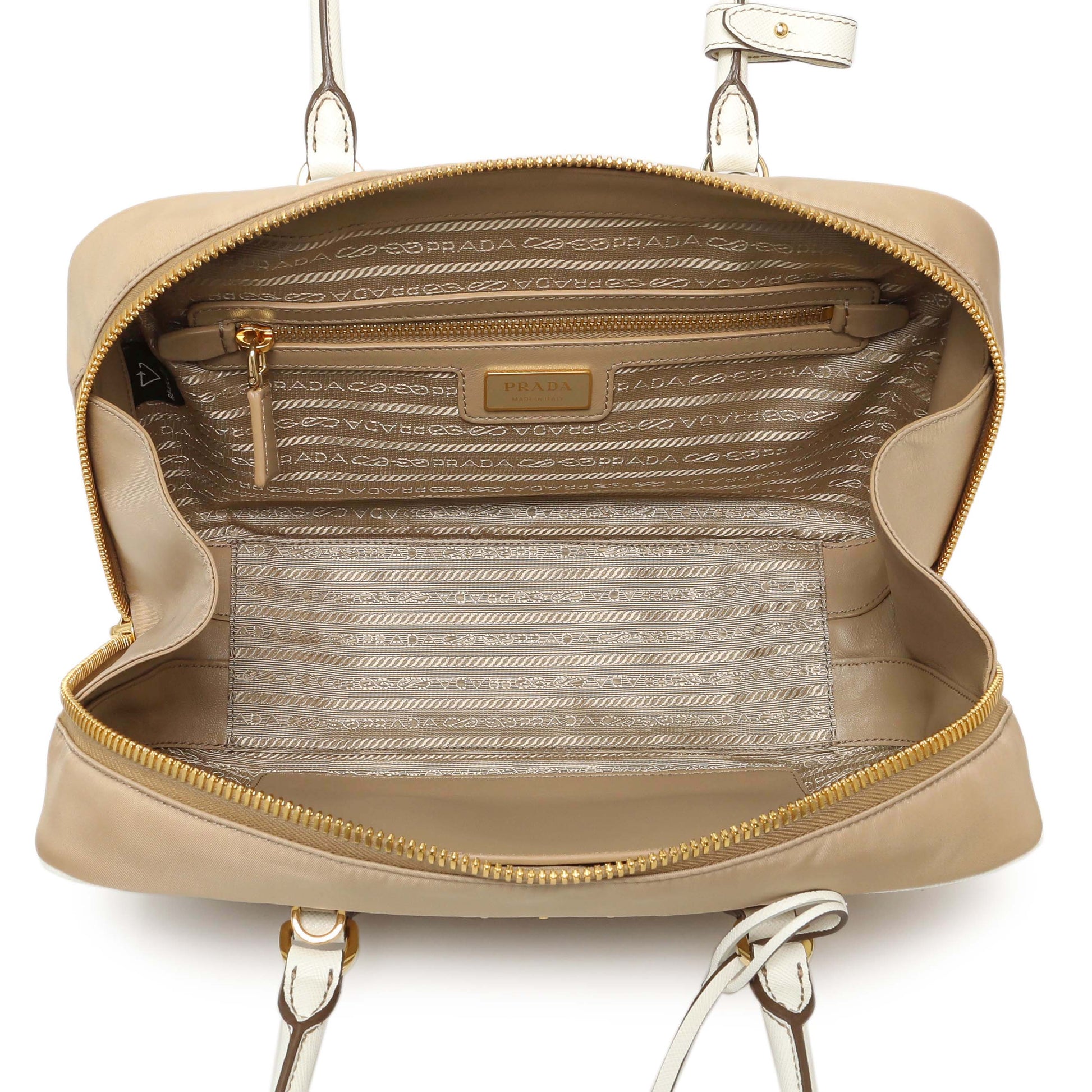Exclusive Prada Camel White Re-Nylon Saffiano Medium Re-Edition 1978 Two Handle Bag — Top View