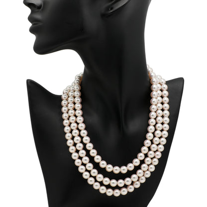 Exclusive Mikimoto 18K White Gold Diamond Pearl Triple Strand Necklace — Detail View