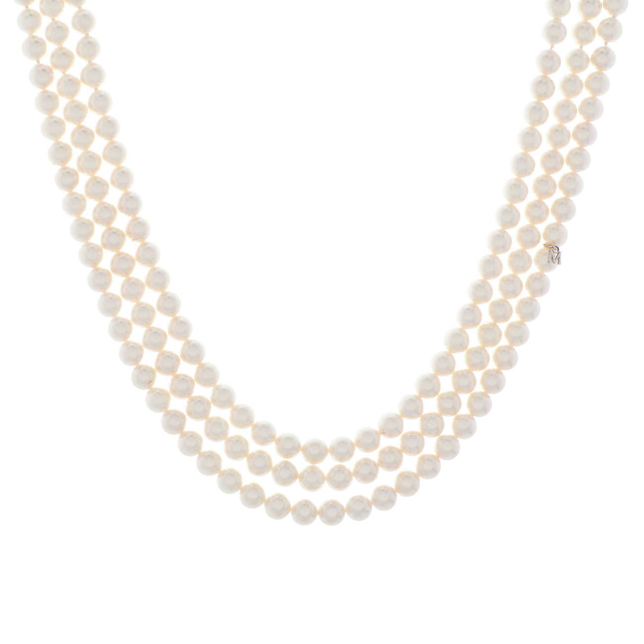 Exclusive Mikimoto 18K White Gold Diamond Pearl Triple Strand Necklace — Front View