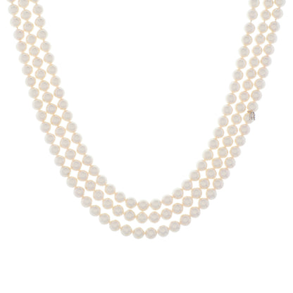 Exclusive Mikimoto 18K White Gold Diamond Pearl Triple Strand Necklace — Front View