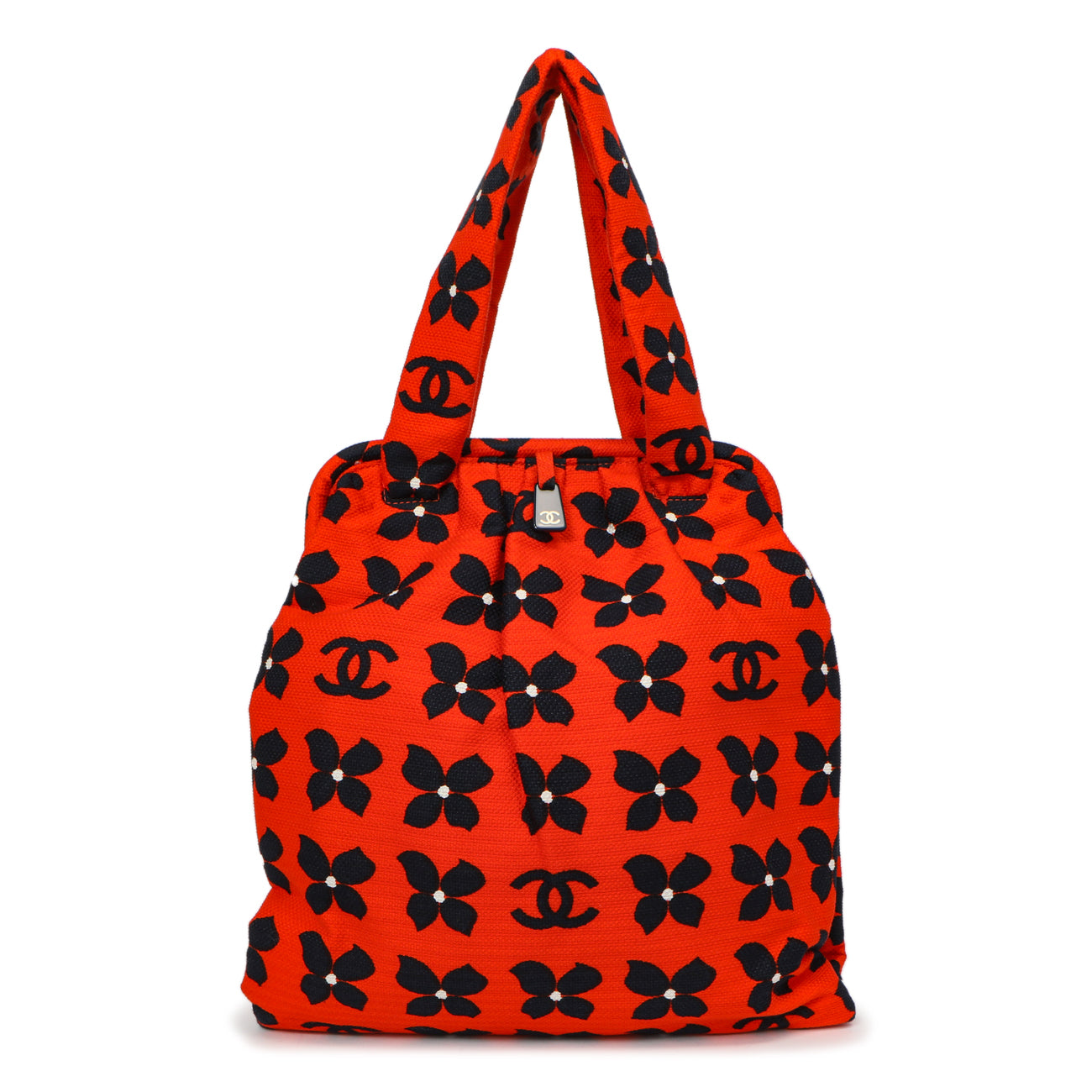 Exclusive Chanel Red Floral Canvas Frame Tote — Front View