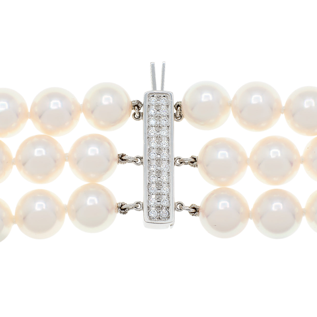 Exclusive Mikimoto 18K White Gold Diamond Pearl Triple Strand Necklace — Back View