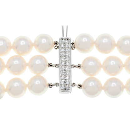 Exclusive Mikimoto 18K White Gold Diamond Pearl Triple Strand Necklace — Back View