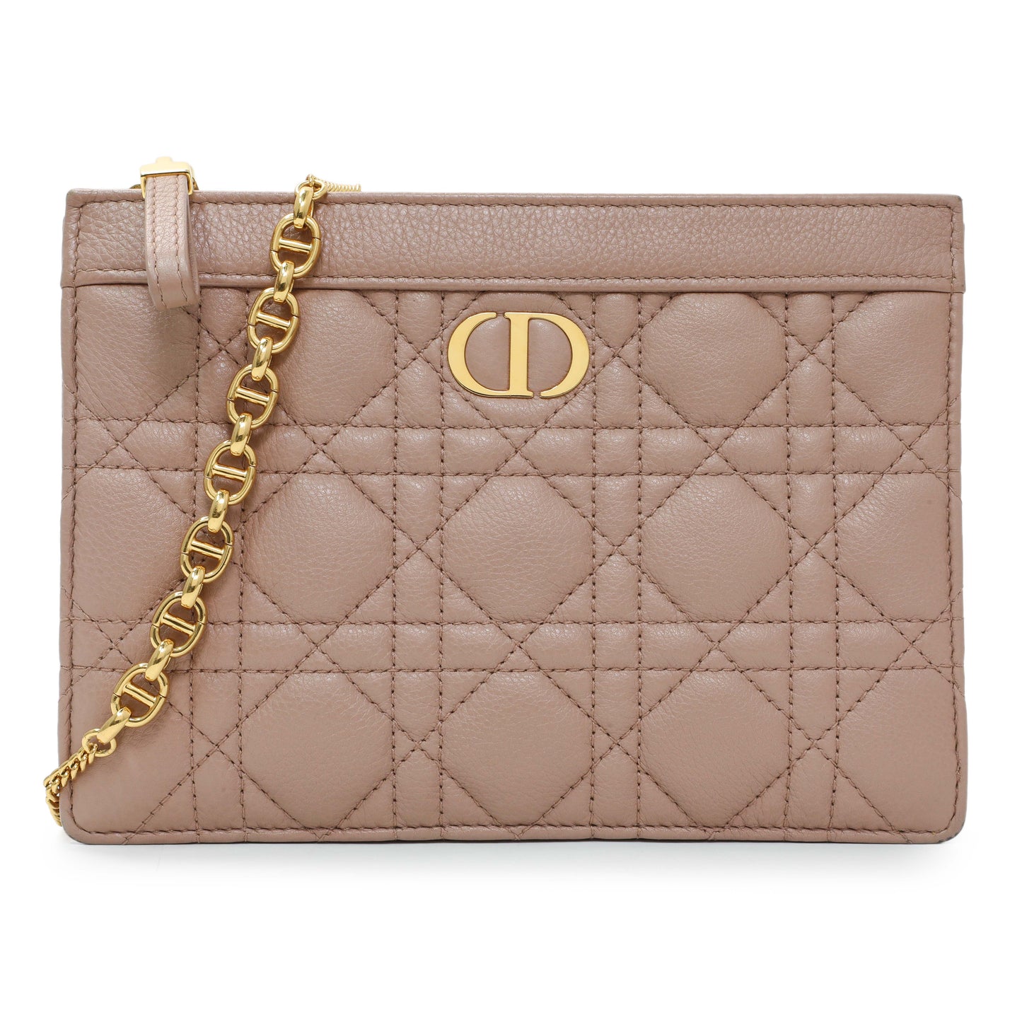 Exclusive Christian Dior Calfskin Cannage Caro Zipped Pouch With Chain — Front View