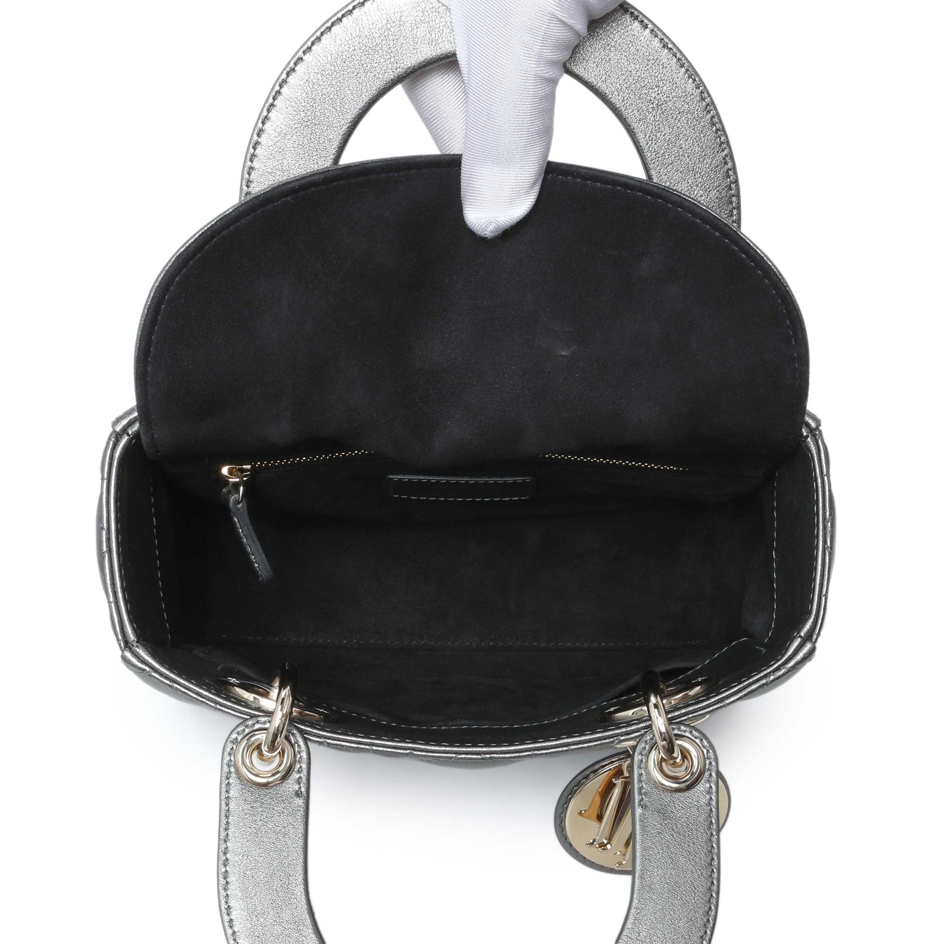 Exclusive Christian Dior Metallic Grey Lambskin Cannage Small Small My ABCDior Lady Dior — Top View