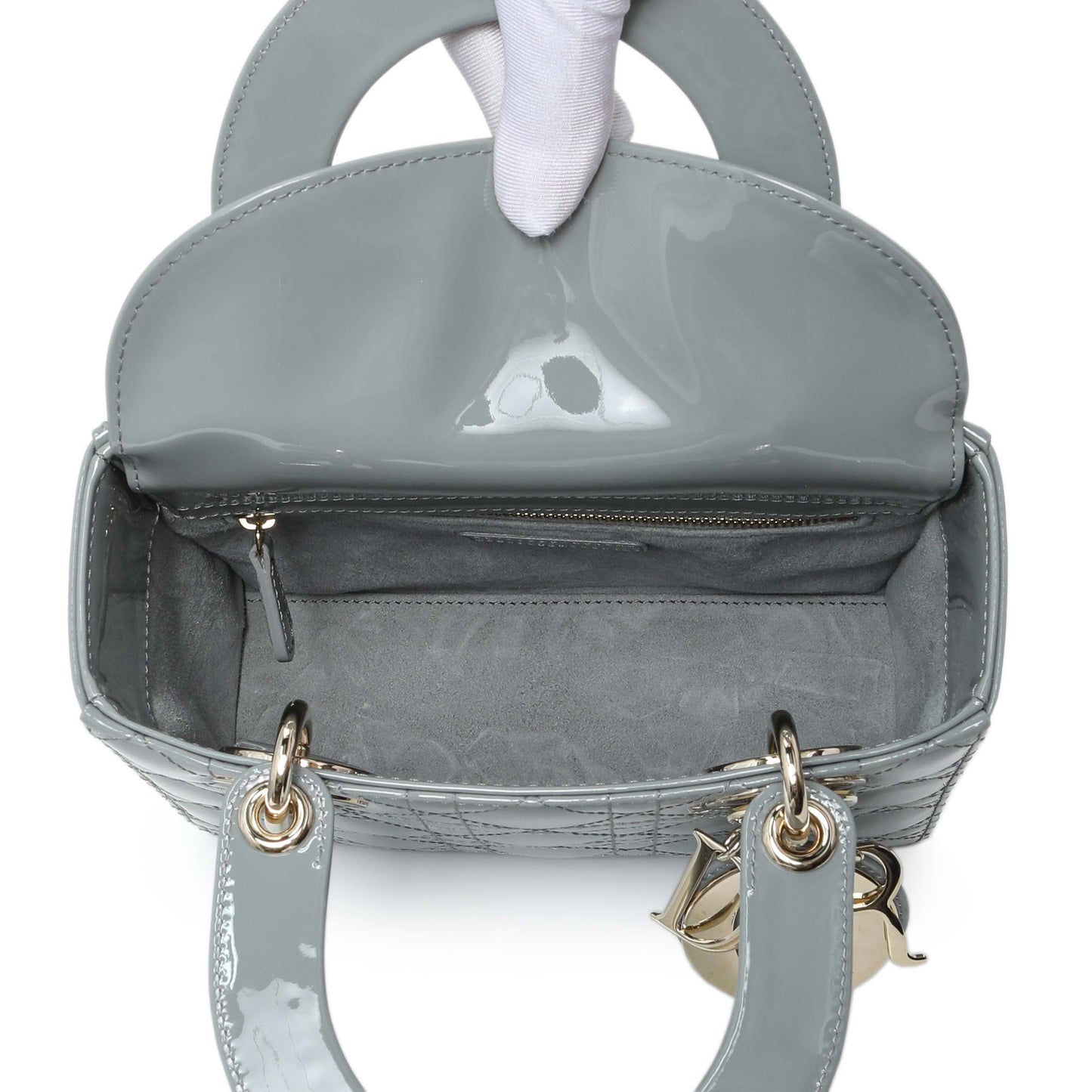 Exclusive Christian Dior Grey Patent Cannage Small Lady Dior — Top View