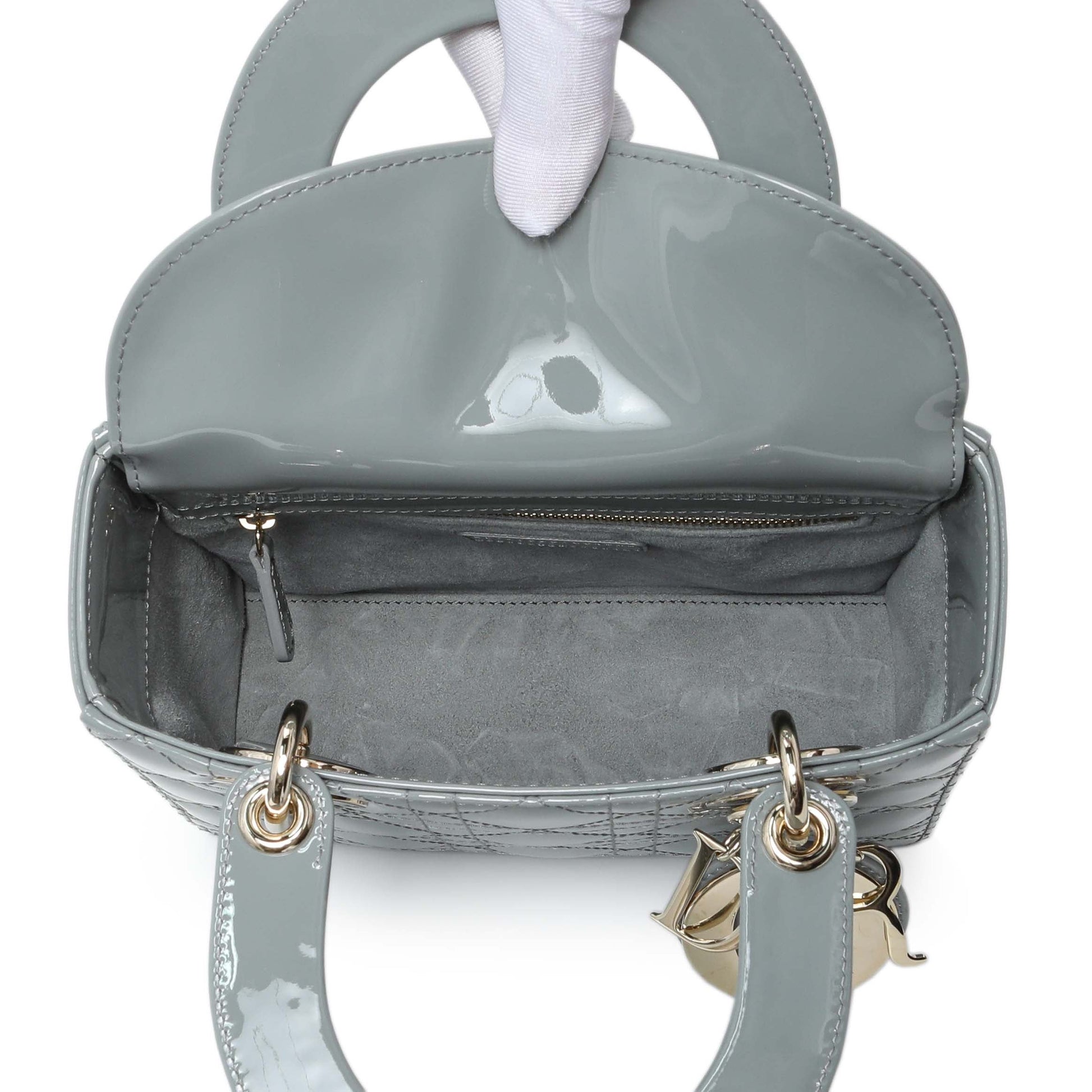 Exclusive Christian Dior Grey Patent Cannage Small Lady Dior — Top View