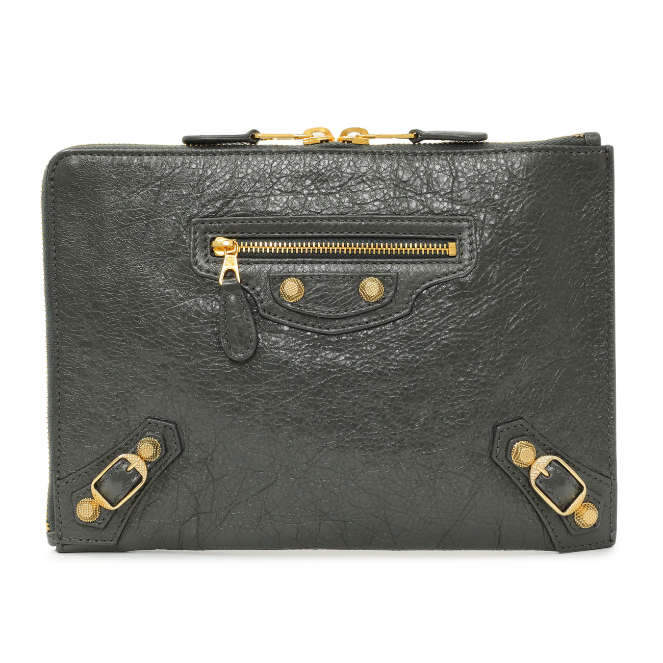 Exclusive Balenciaga Gris Fossile Lambskin Giant 12 Zip Pouch — Front View