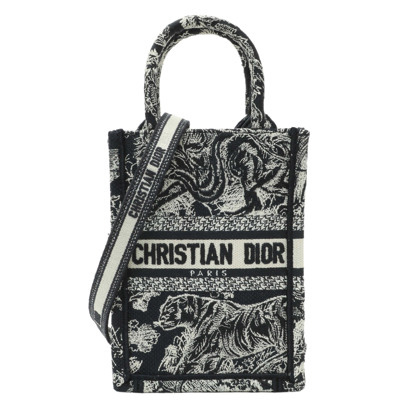 Exclusive Christian Dior Canvas Toile de Jouy Reverse Embroidered Mini Book Tote Phone Bag — Front View