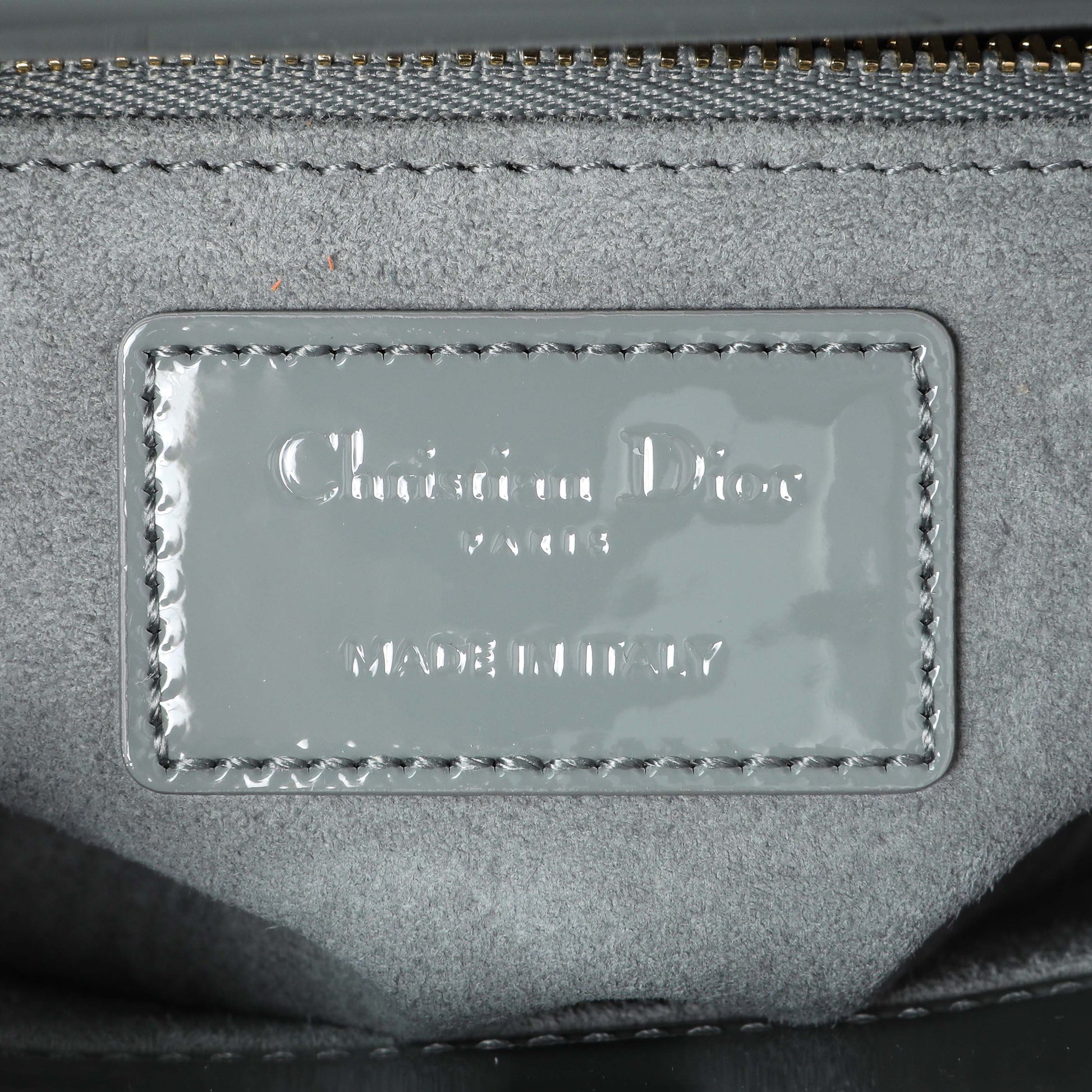 Exclusive Christian Dior Grey Patent Cannage Small Lady Dior — Detail View