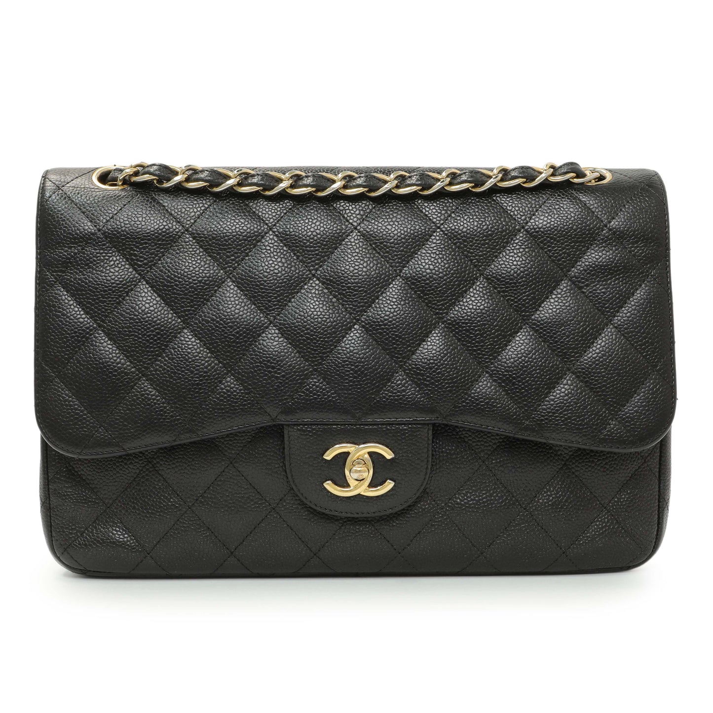 Exclusive Chanel Black Quilted Caviar Jumbo Double Flap — Front View