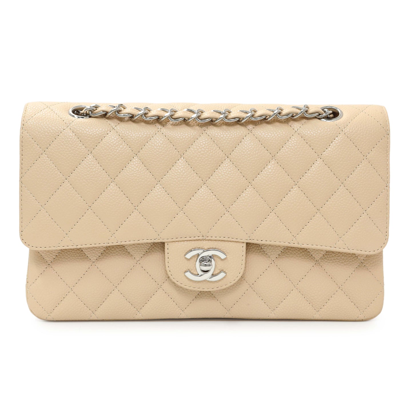 Exclusive Chanel Beige Caviar Medium Classic Flap — Front View
